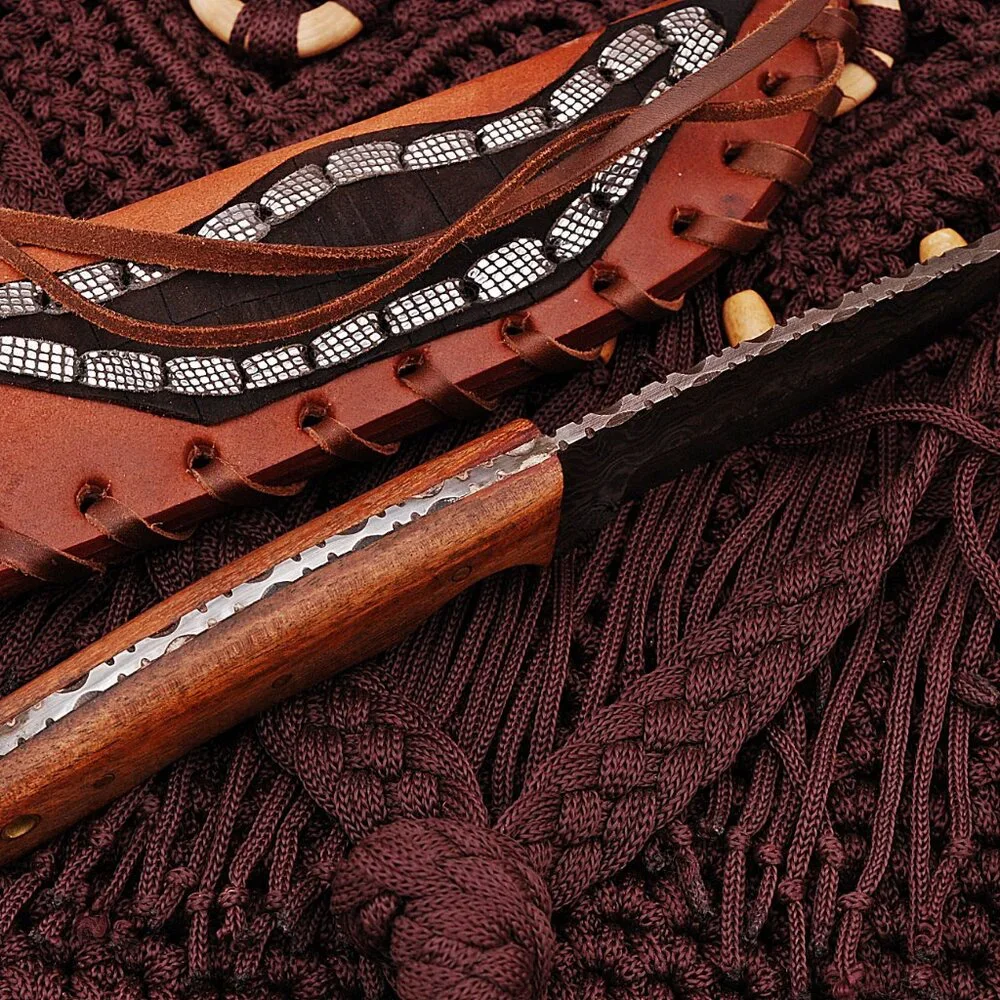 Handmade Damascus Steel Kitchen Knife Raindrop Pattern with Leather Sheath